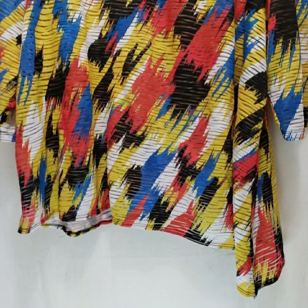 Travel Elements Women's 2X Top Abstract Multicolor Plissé Plaid Asymmetric Boho
